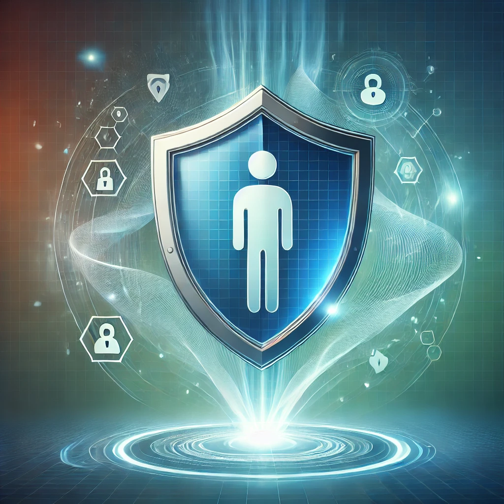 A stylized digital illustration featuring a central shield with a human silhouette, surrounded by abstract glowing lines and security icons, symbolizing layered defense and personal protection.