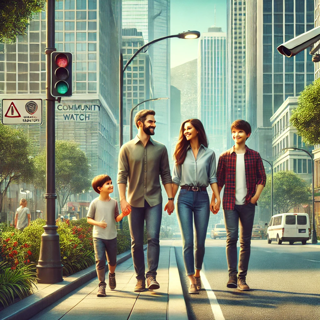 A family of four (two parents, an older child, and a younger child) strolls hand in hand along a busy city street, framed by tall skyscrapers, a traffic light, and a “Community Watch” sign, symbolizing safety and awareness in an urban environment.